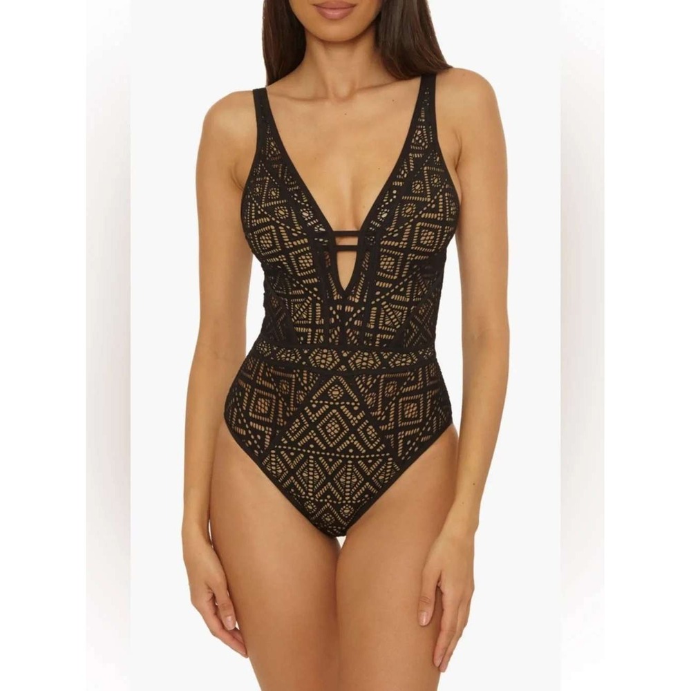 Becca Black Crochet One Piece Swimsuit Nude Lining Lace Up Back Size Large
